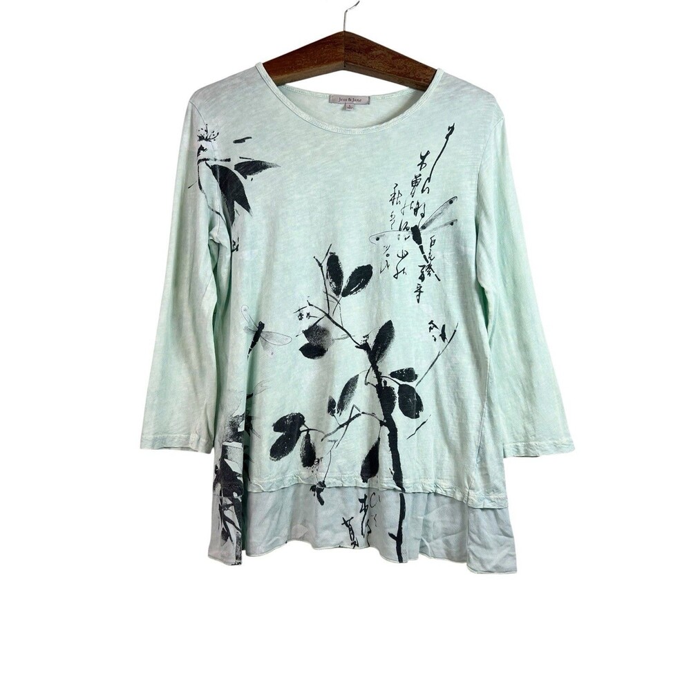 Jess & Jane Shirt Womens Large Green Floral Dragonfly Print Tunic Artsy Top Boho